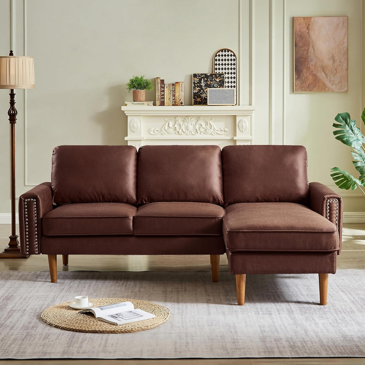 Mid Century Suede Leather Sofa with Right Chaise Lounge, 3 Seater L-Shaped Couch V609