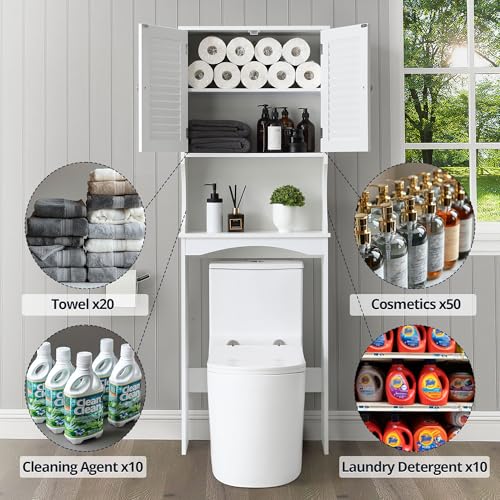White 3-Tier Over The Toilet Storage Cabinet with Double Doors, 23 x 67 inches Y823964