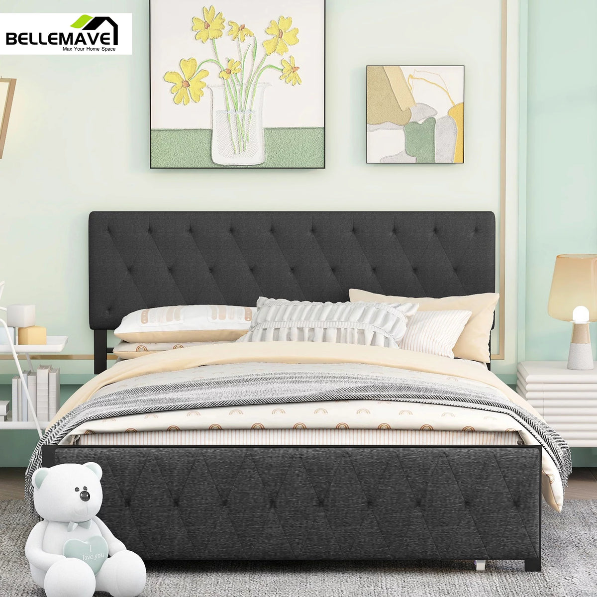 Queen Size Metal Platform Bed Frame with Storage Drawer Z235