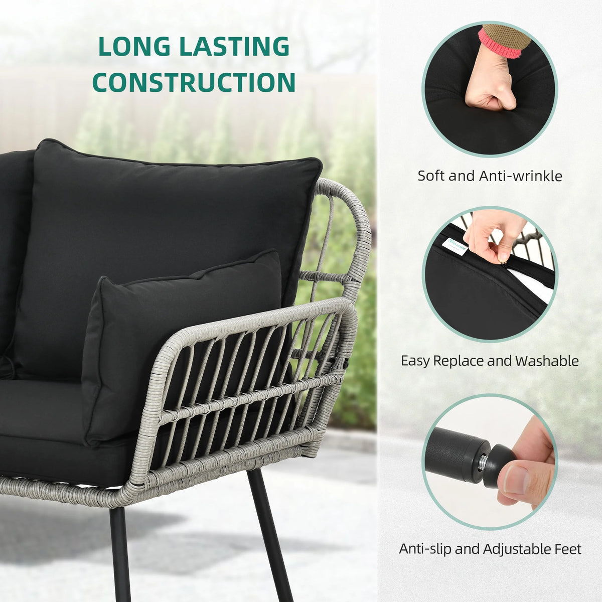 All-Weather Wicker Rattan 2 Seater Loveseat Sofa with Black Cushions & Lumbar Pillows E5943