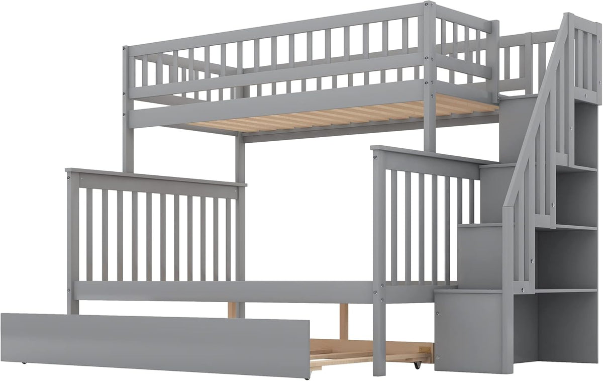 Gray Wood Twin Over Full Bunk Bed Frame with Trundle I320