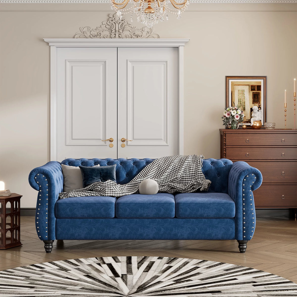 Blue 3-Seat Upholstered Sofa with Metal Legs E142263