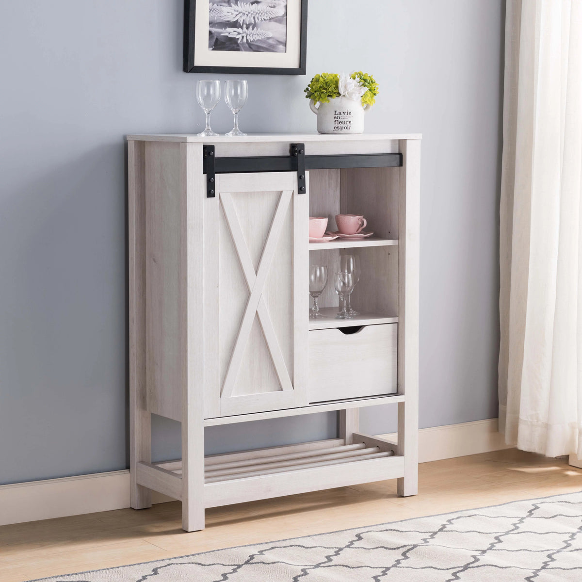 White Oak Sliding Barn Door Wine Cabinet with Drawer N240