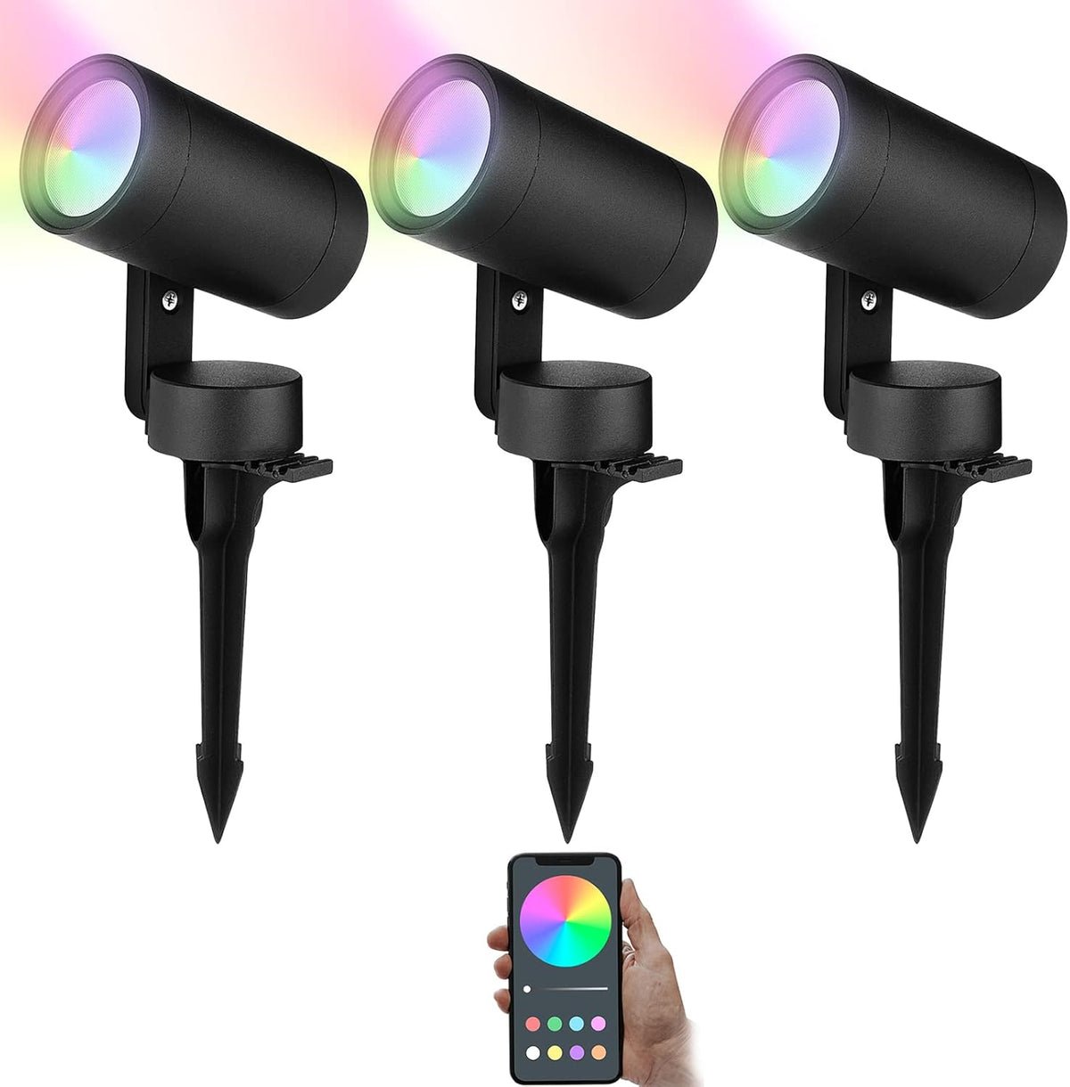 LED Landscape Spotlight Lights Outdoor, 10W 12V W+RGB Low Voltage Yard Flood Lights with Transformer, Ground Stake Lawn Light (3 Pack) H40166