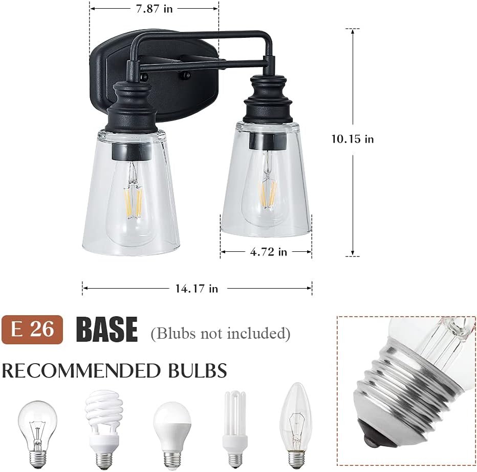 Black 2-Lights Clear Glass Vanity Lights J35205