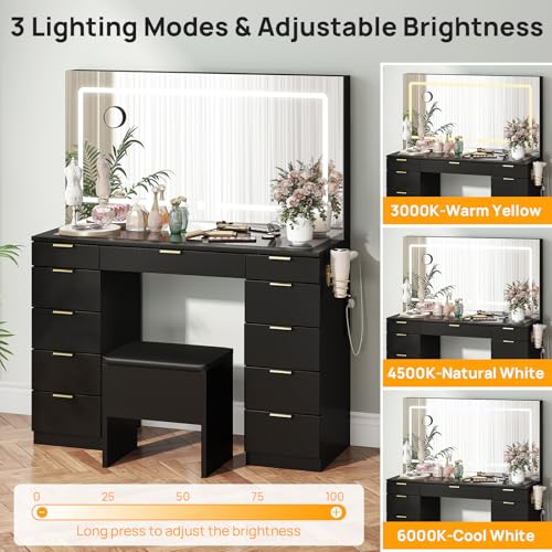 Vanity Desk with Sliding Lighted Mirror, Stool, 8 Storage Shelves, 5 Drawers, Charging Station H897815