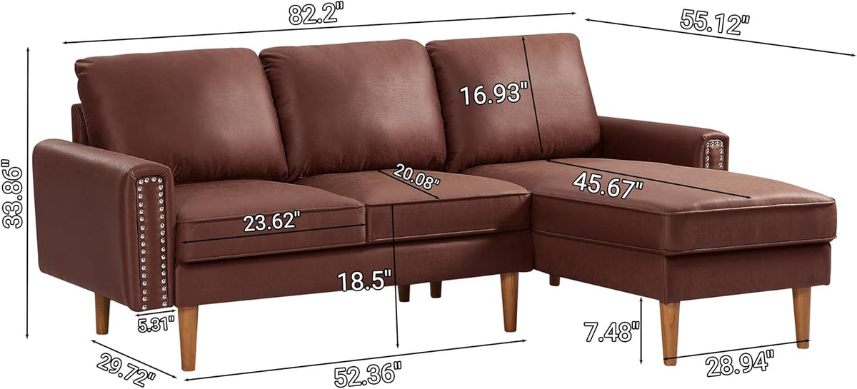 Mid Century Suede Leather Sofa with Right Chaise Lounge, 3 Seater L-Shaped Couch V609
