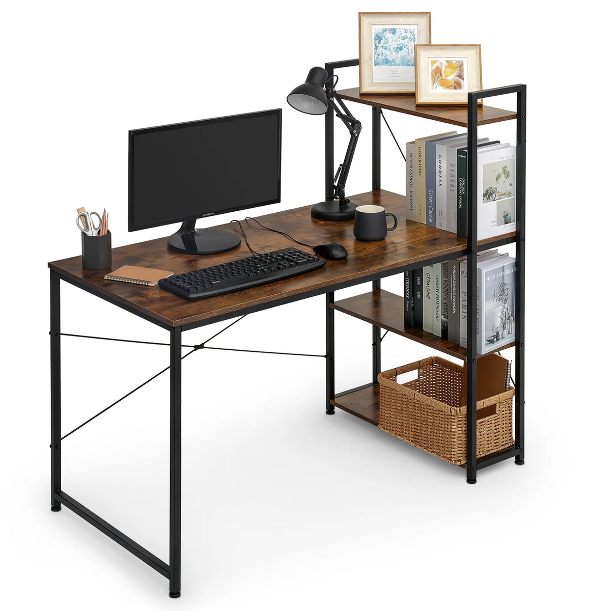 Brown Computer Desk with Storage Shelves D8111