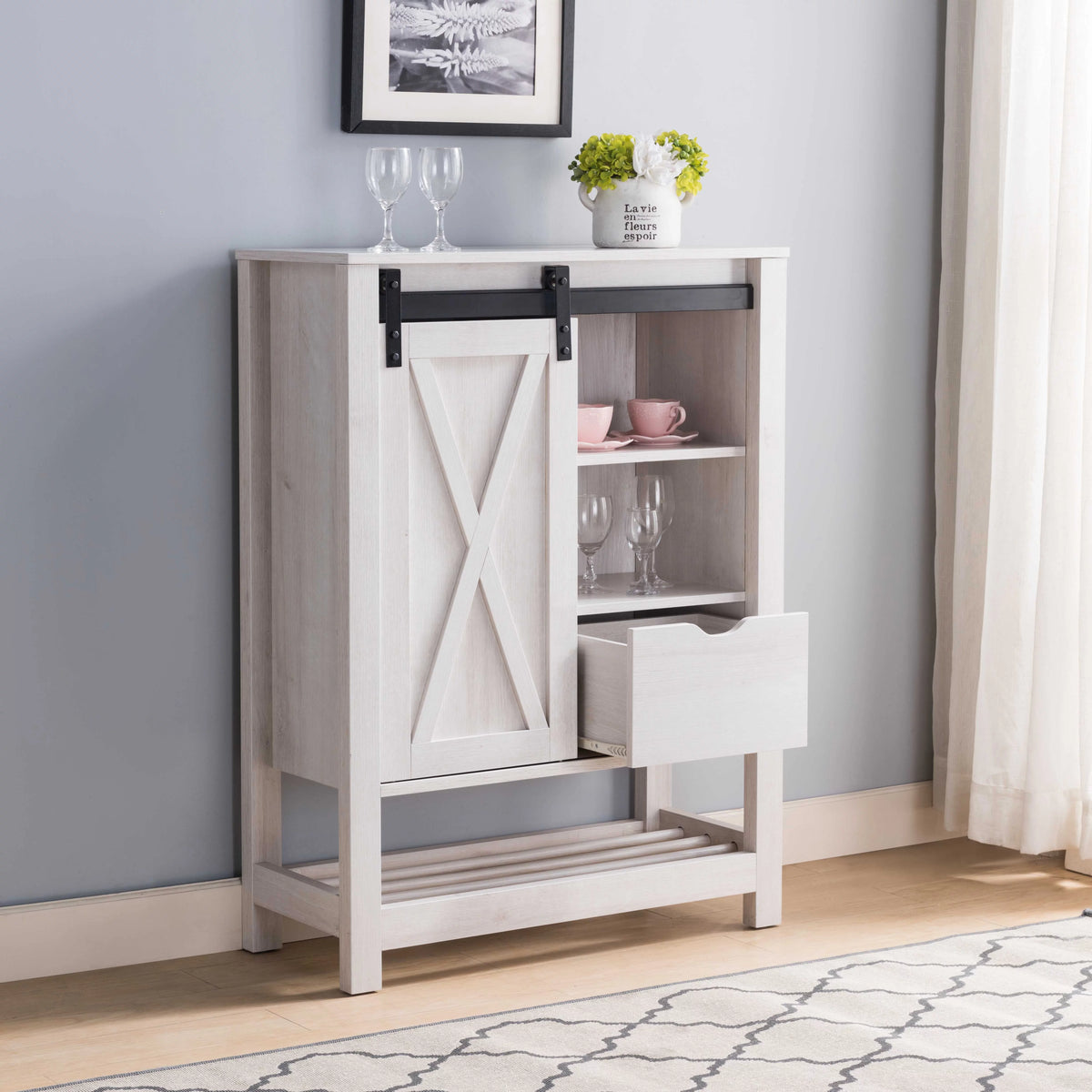 White Oak Sliding Barn Door Wine Cabinet with Drawer N240