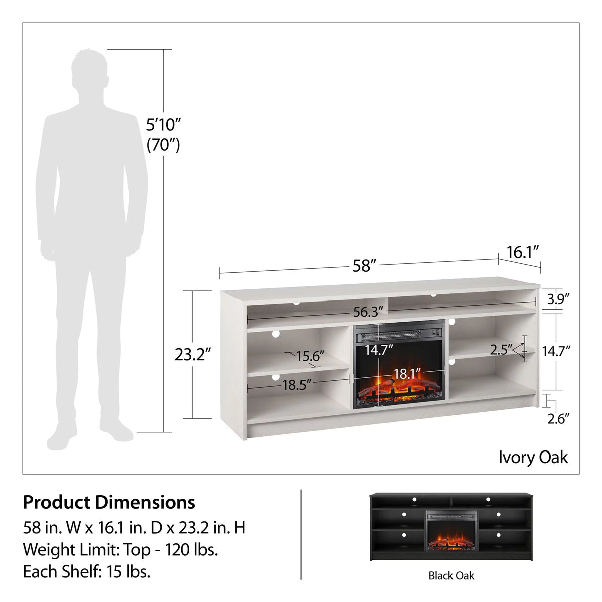 Black Oak TV Stand with Electric Fireplace Insert and 6 Shelves B9758