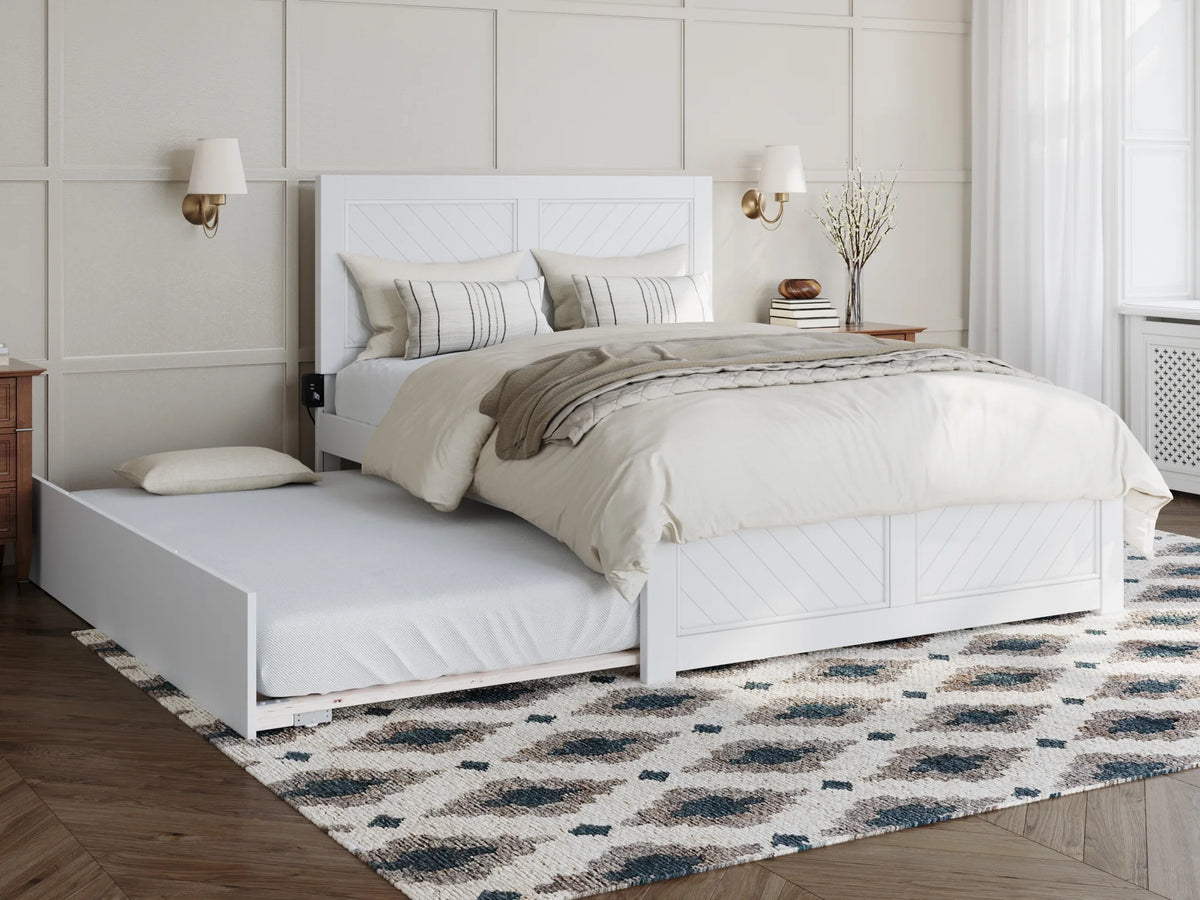 White Solid Wood Platform Bed with Footboard & Full Trundle T790