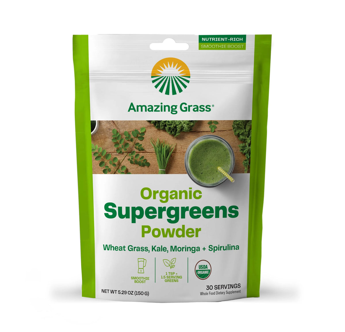 Greens Powder Smoothie Mix with Spirulina, Moringa, Wheat Grass & Kale, 30 Servings T229675