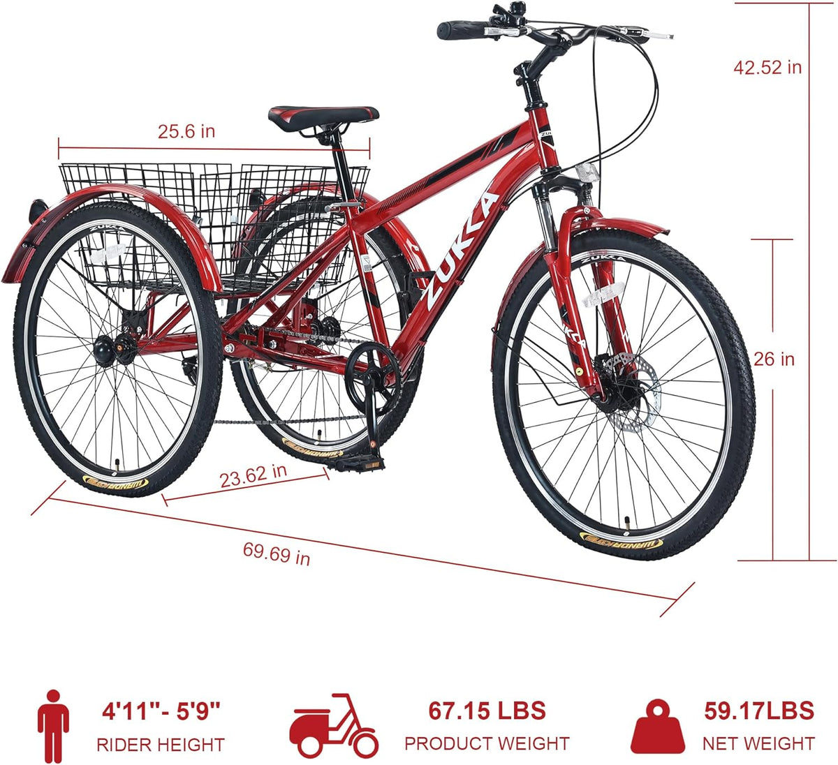 7-Speed 26-Inch 3 Wheels Adult Tricycle with Rear Basket P9358