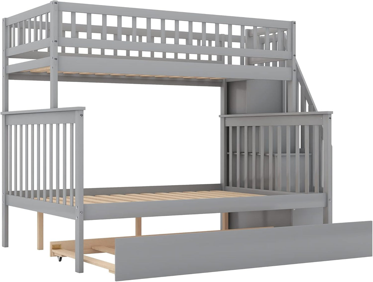 Gray Wood Twin Over Full Bunk Bed Frame with Trundle I320
