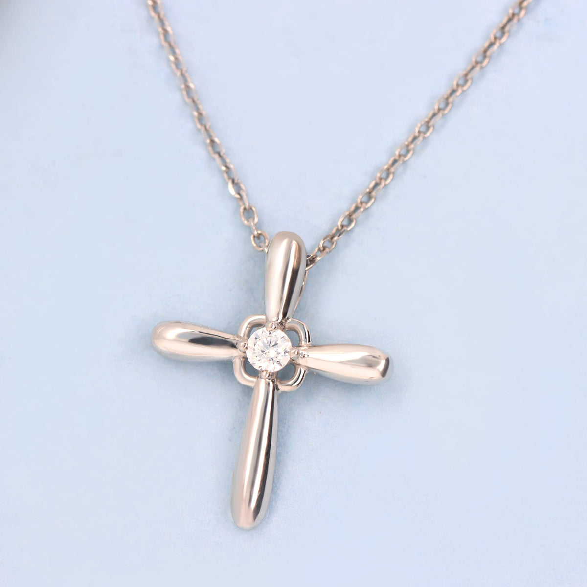 14K Rose Gold Diamond Cross Necklace Pendant, 18 Inch Chain G6101