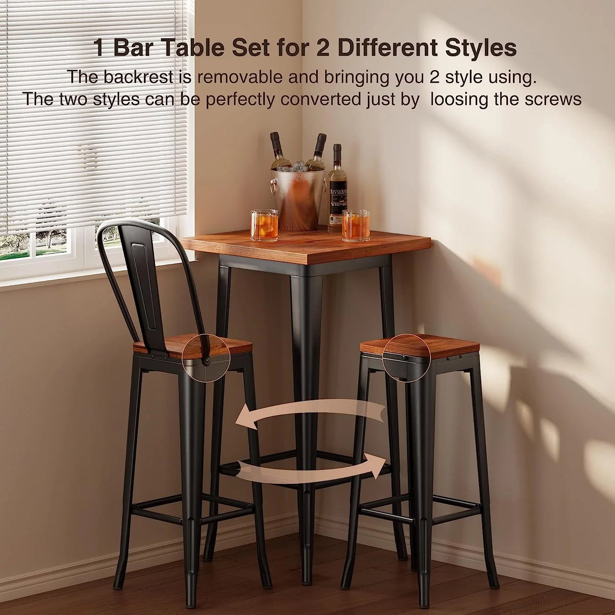 3 Piece Pub Table and Chairs Set with Elm Top and Metal Frame J68001