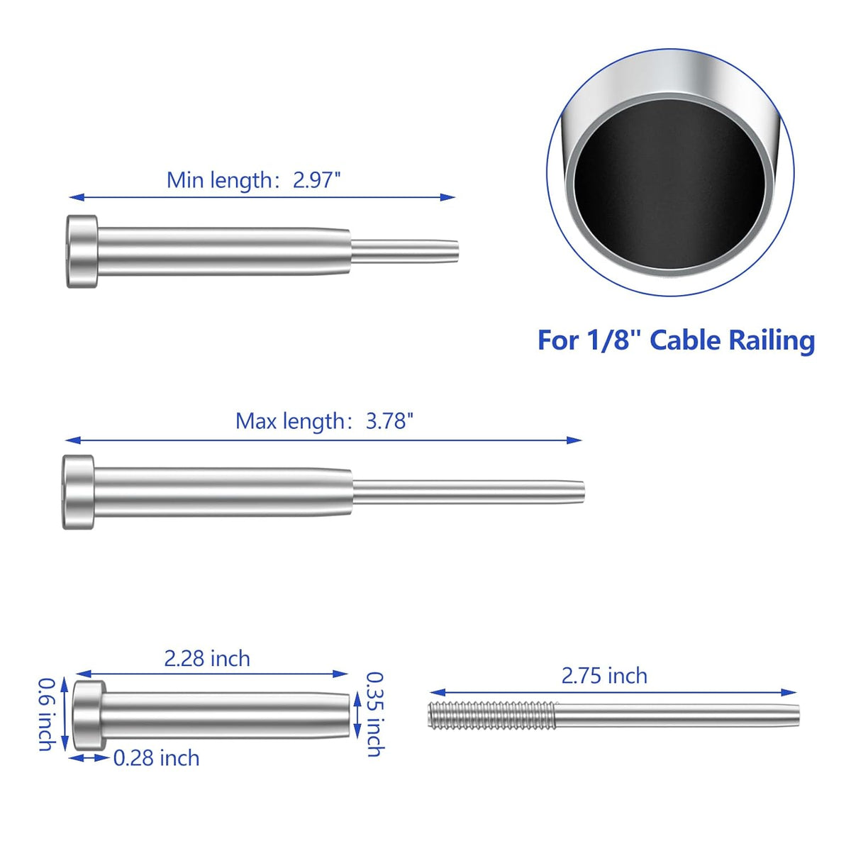 40 Pack Stainless Steel Invisible Receiver and Swage Stud End for 1/8 Inch Cable Railing L7337