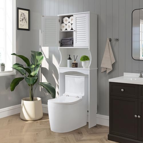 White 3-Tier Over The Toilet Storage Cabinet with Double Doors, 23 x 67 inches Y823964