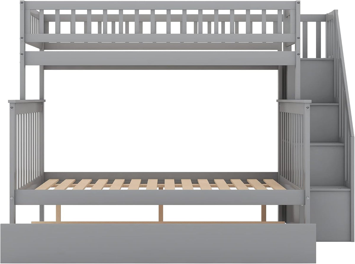 Gray Wood Twin Over Full Bunk Bed Frame with Trundle I320