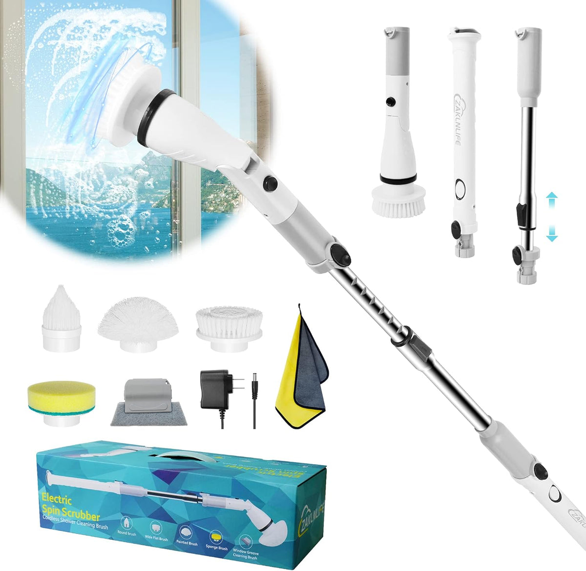 Electric Spin Scrubber with Adjustable Extension Handle & 4 Replaceable Brush Heads D817835