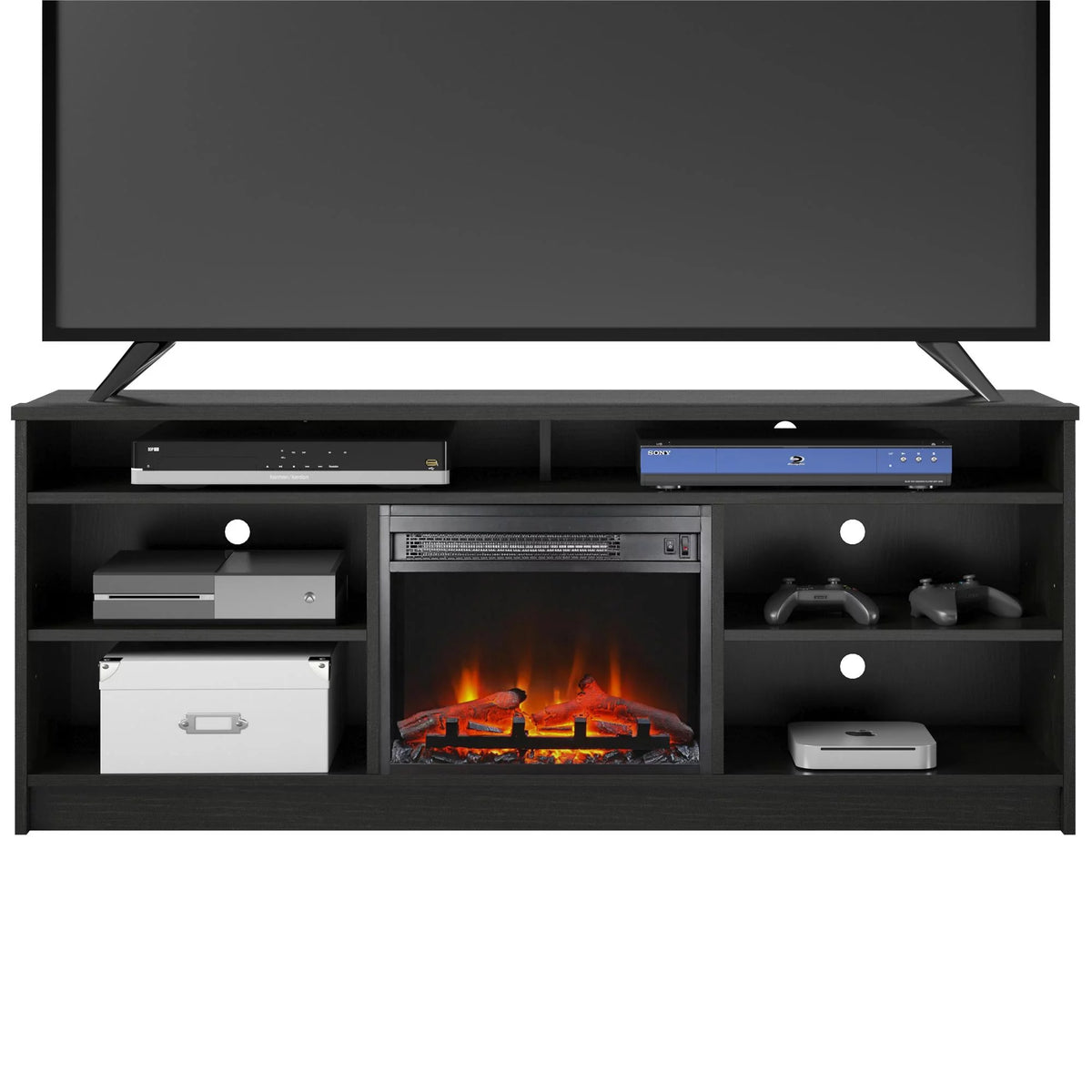 Black Oak TV Stand with Electric Fireplace Insert and 6 Shelves B9758