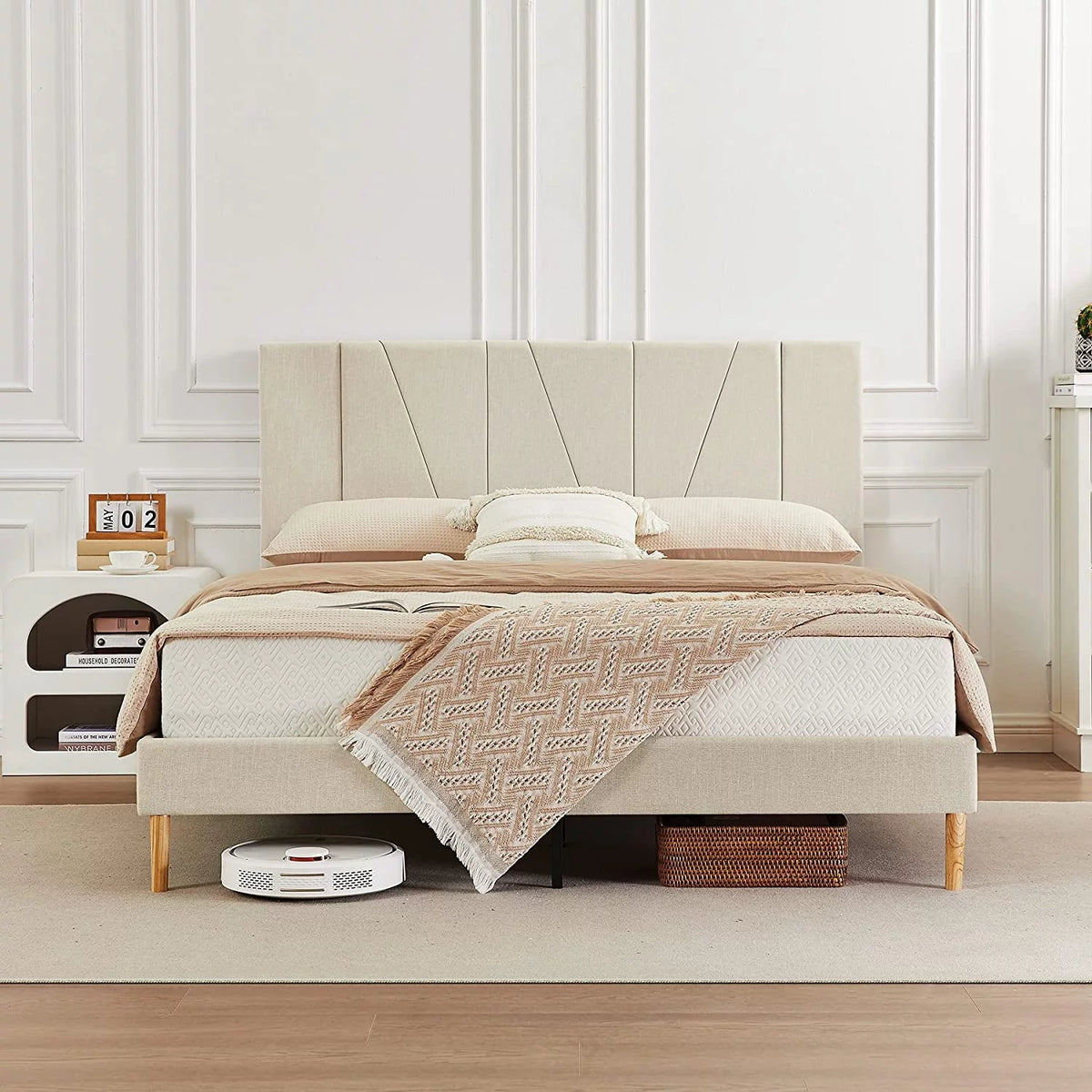 King Size Beige Fabric Upholstered Platform Bed Frame C856026