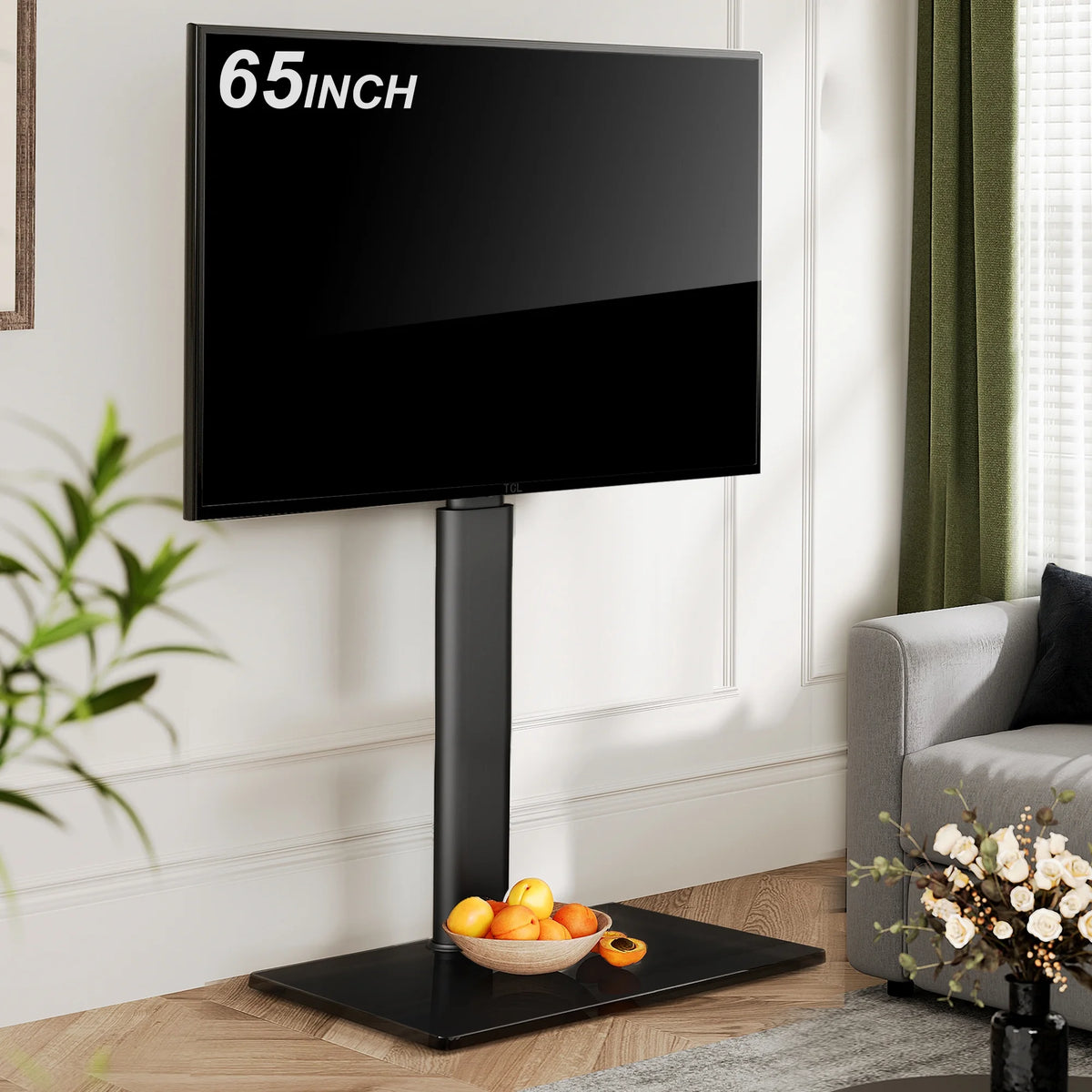 Tempered Glass Base Floor TV Stand 32-65 Inch, Height adjustable, Swivel TV Stand with Mount, Black P955505
