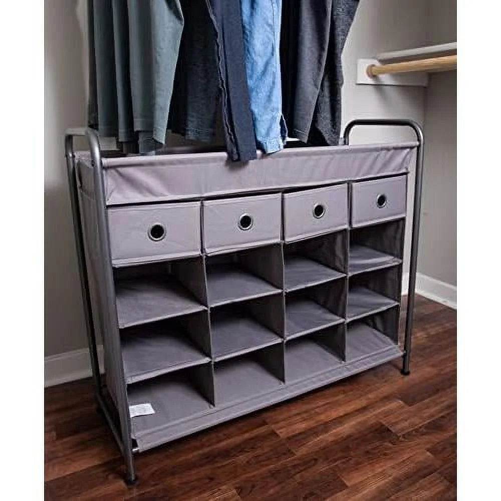 Grey 16 Cubby Shoe Rack Organizer with 4 Drawers U1896