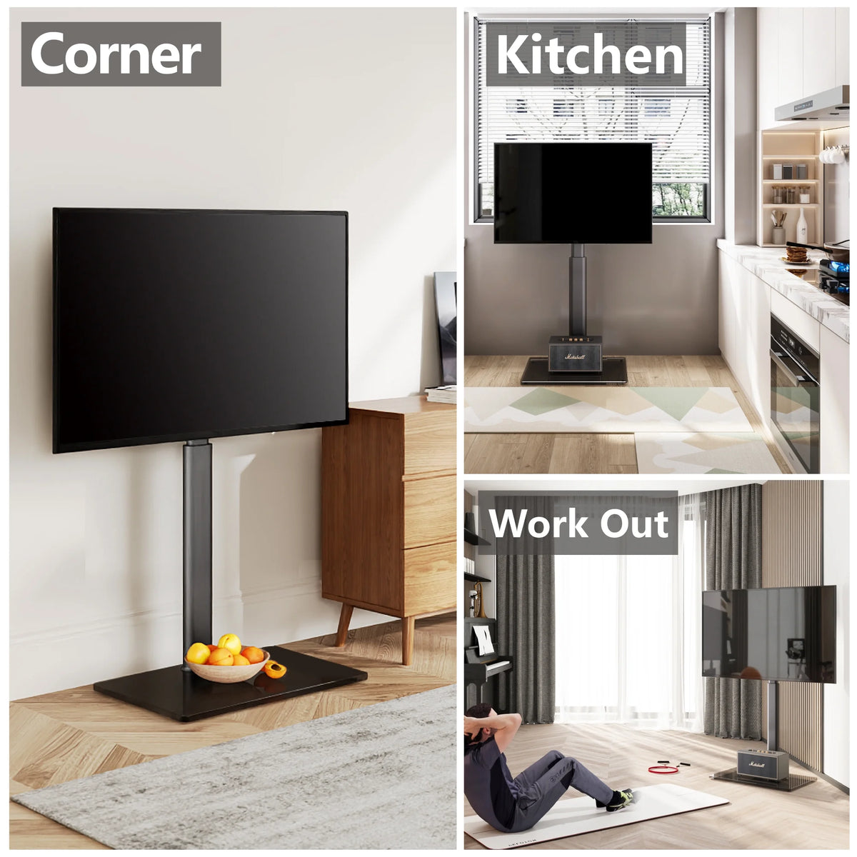 Tempered Glass Base Floor TV Stand 32-65 Inch, Height adjustable, Swivel TV Stand with Mount, Black P955505