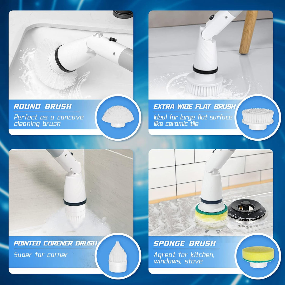 Electric Spin Scrubber with Adjustable Extension Handle & 4 Replaceable Brush Heads D817835