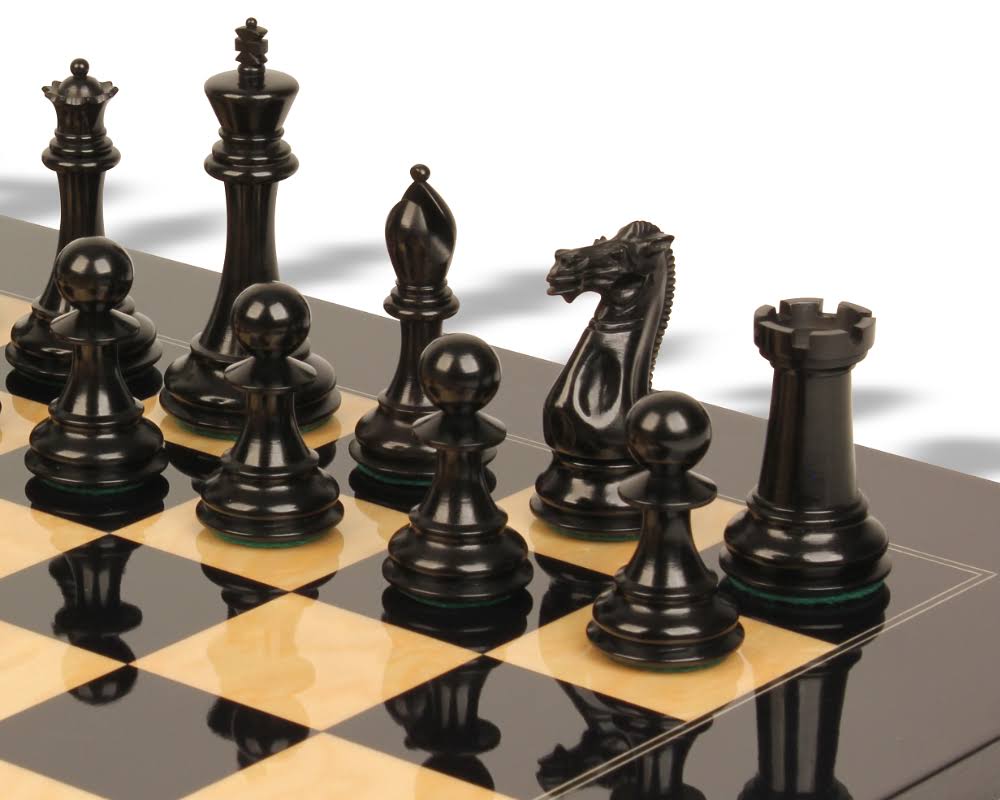 Ebonized & Boxwood Chess Set with Black & Ash Burl Chess Board - 3x22 King B1796