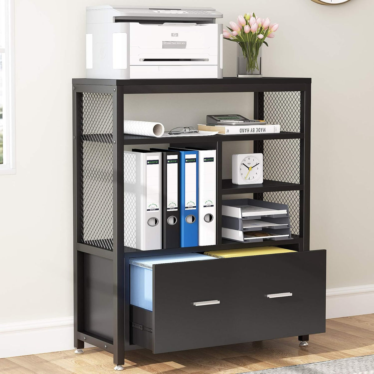 White Wood Lateral File Cabinet with Drawer and Open Storage Shelves P1542