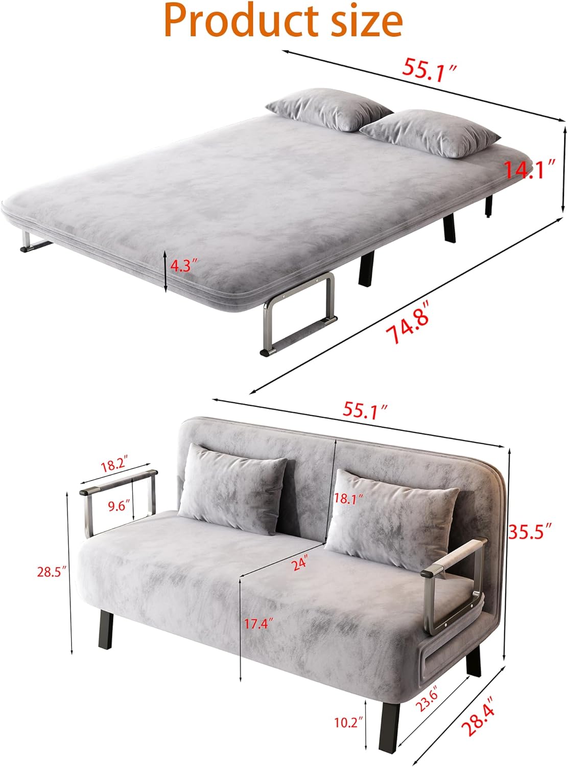 Folding Chair Bed Convertible Sleeper Sofa with Adjustable Backrest and Pillow Y60511