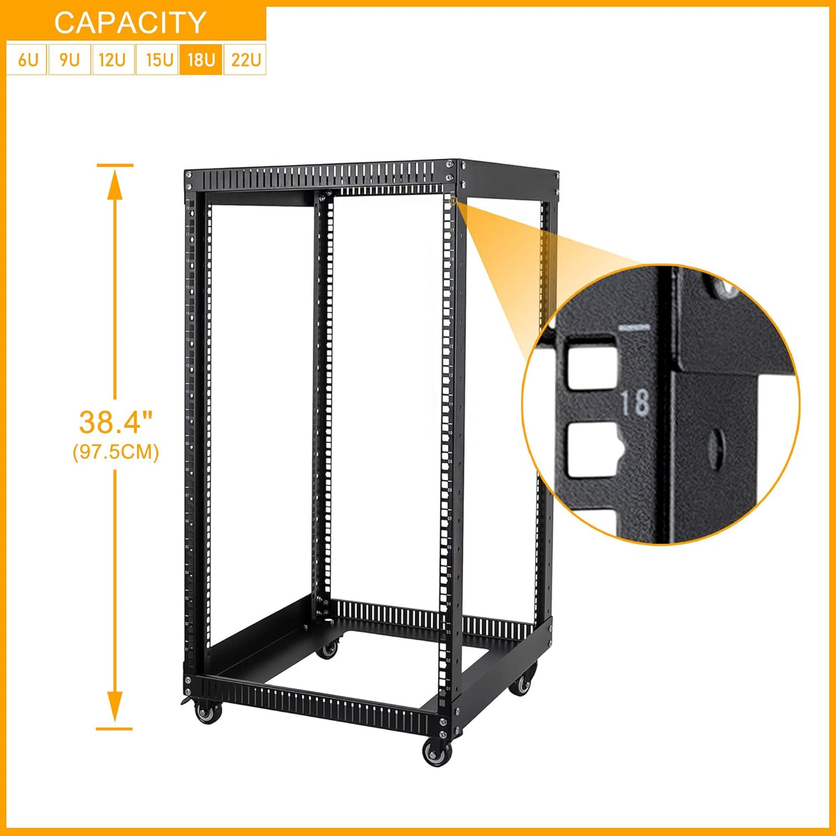 Black 18U Open Frame Server Rack with Brake Casters I6643
