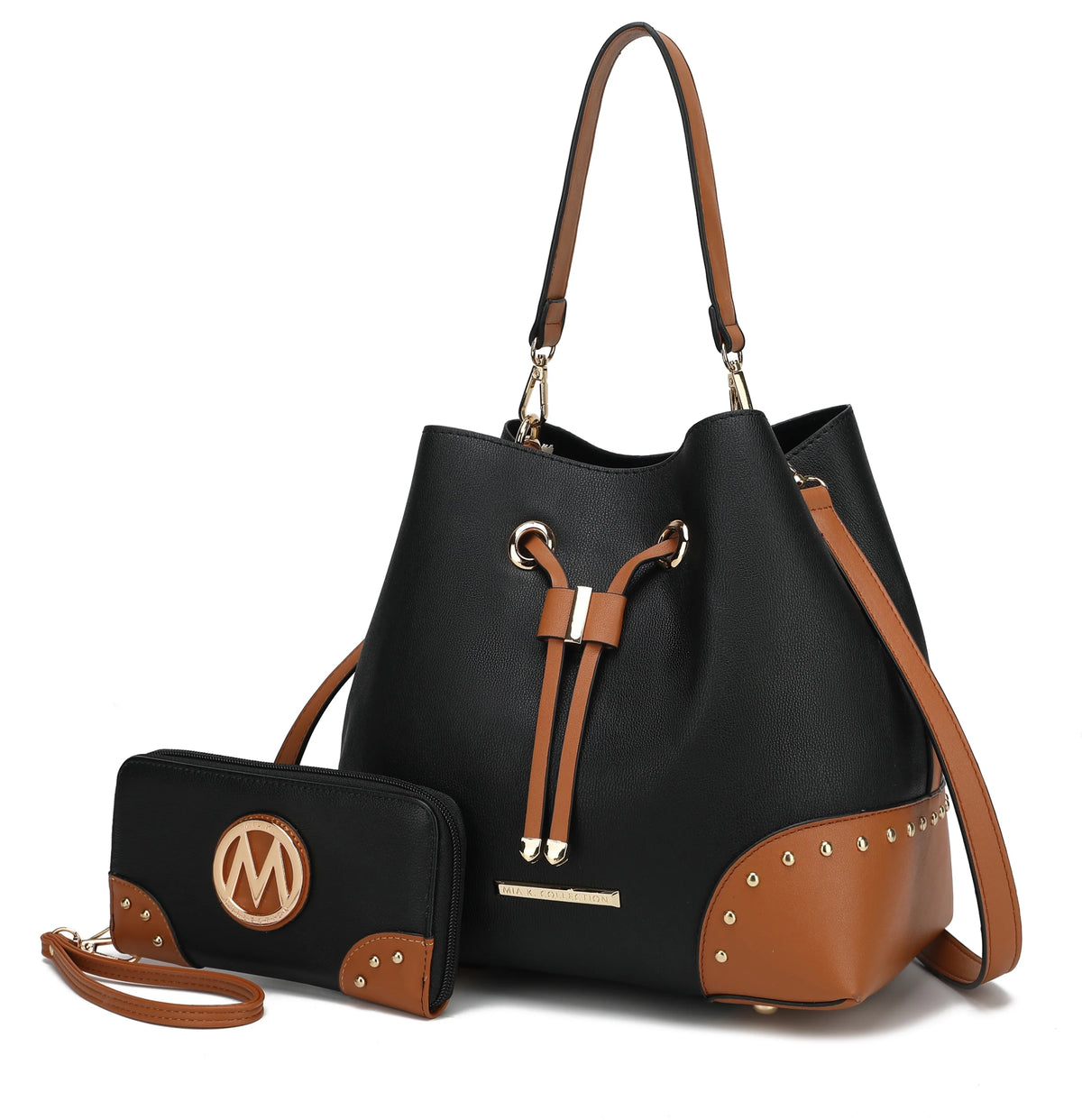 Black Vegan Leather Bucket Bag & Wristlet Wallet 2-Piece Set T520232