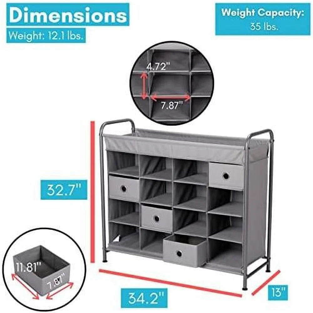 Grey 16 Cubby Shoe Rack Organizer with 4 Drawers U1896