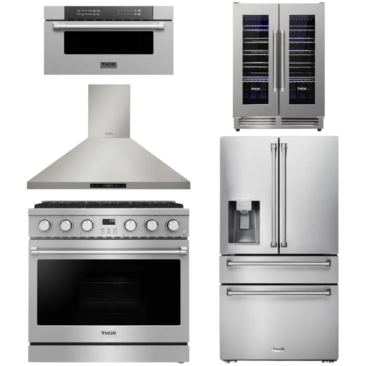 36 Gas Range, Range Hood, Refrigerator, Microwave and Wine Cooler A57286
