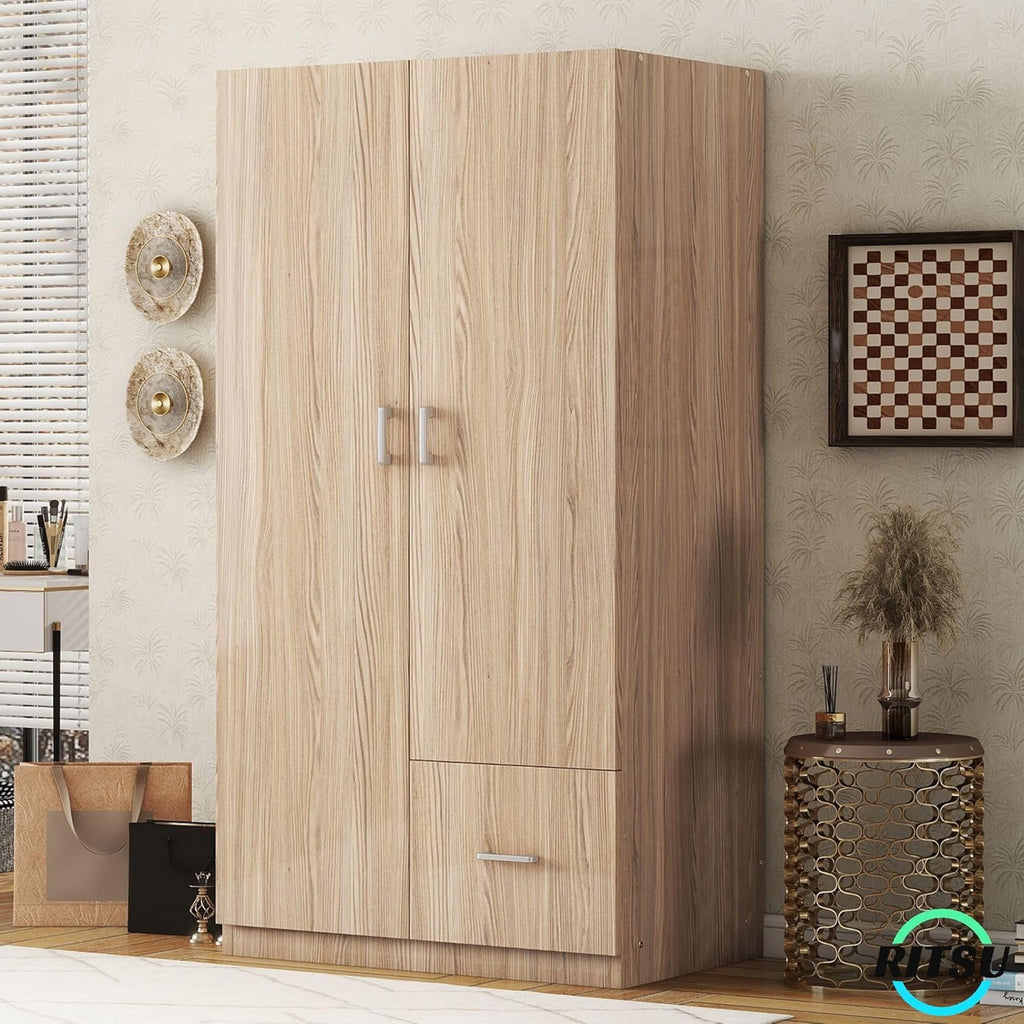 Natural Wooden Armoire Wardrobe with 2 Doors, 1 Drawer, 5 Open Shelves and Hanging Rod M263