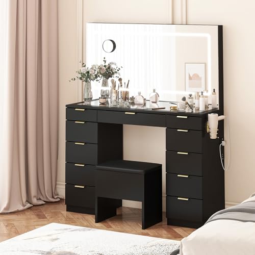 Vanity Desk with Sliding Lighted Mirror, Stool, 8 Storage Shelves, 5 Drawers, Charging Station H897815