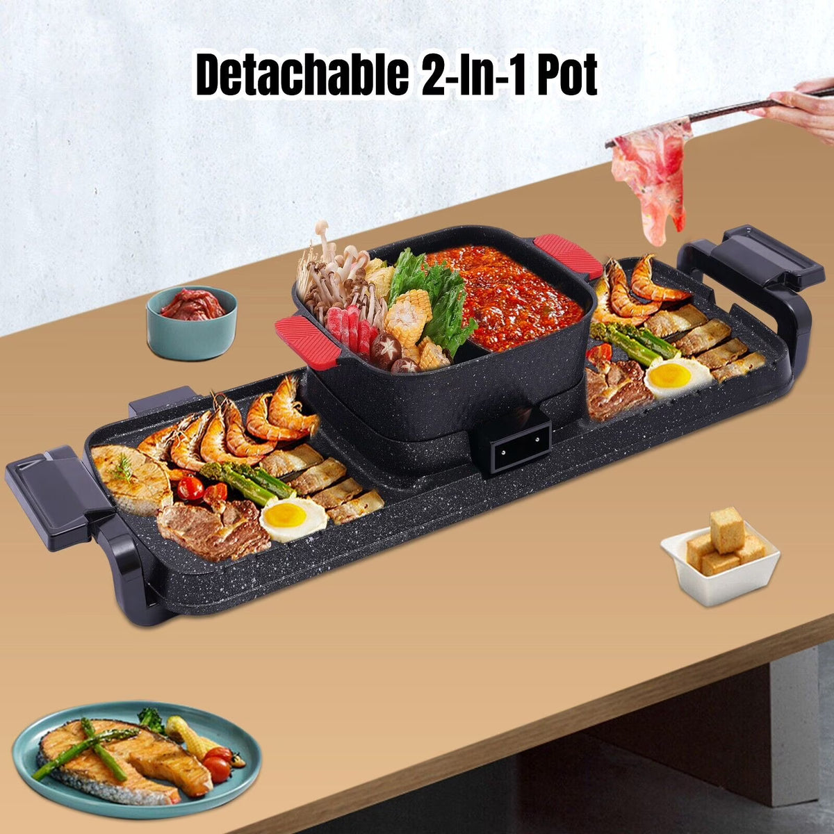 2 In 1 Electric Hotpot Pot with Grill Dual Indoor BBQ Black B259