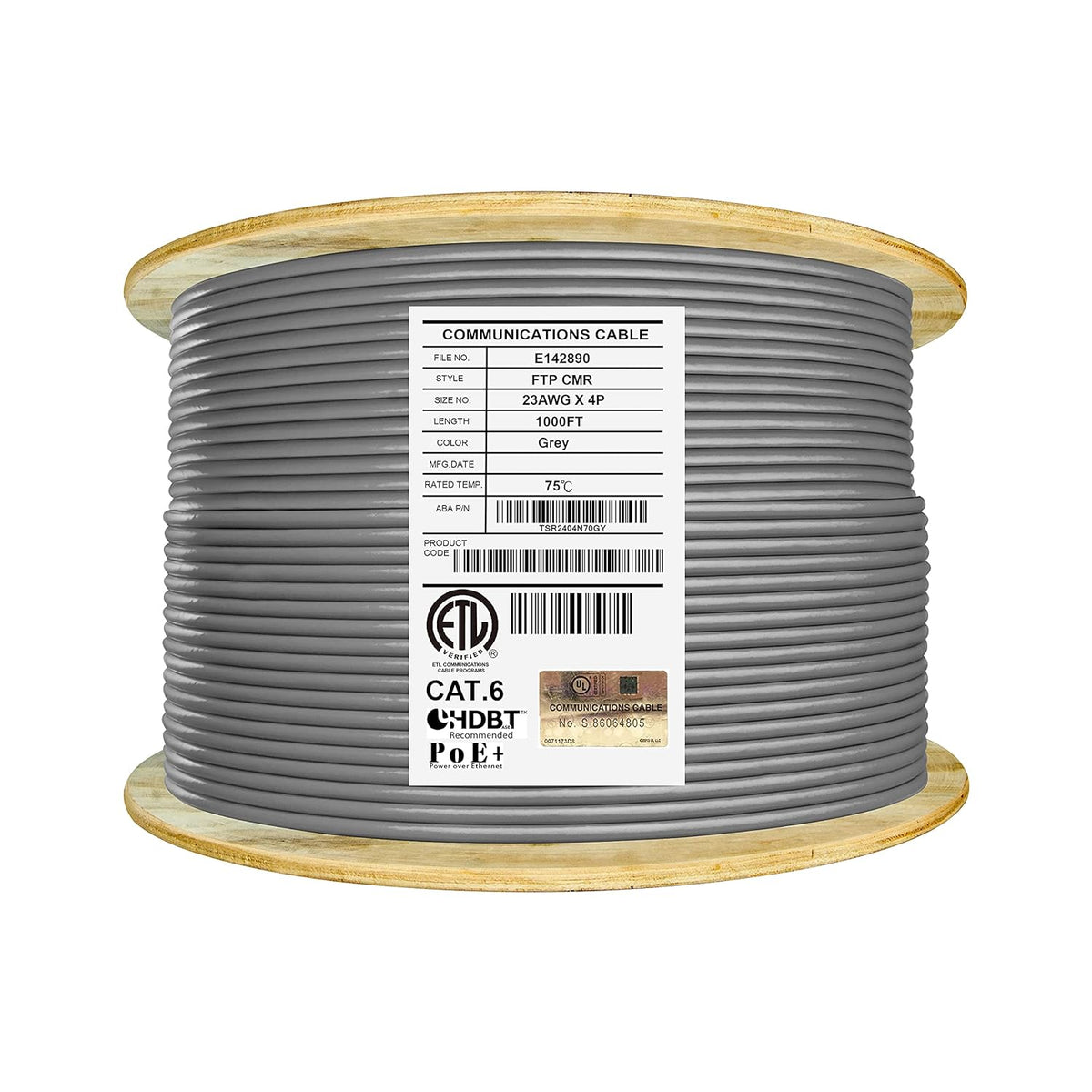 Bulk Ethernet Cable Reel, Cat6 Shielded Riser, 1000ft, F/UTP 23AWG, Solid Bare Copper, Orange L2141