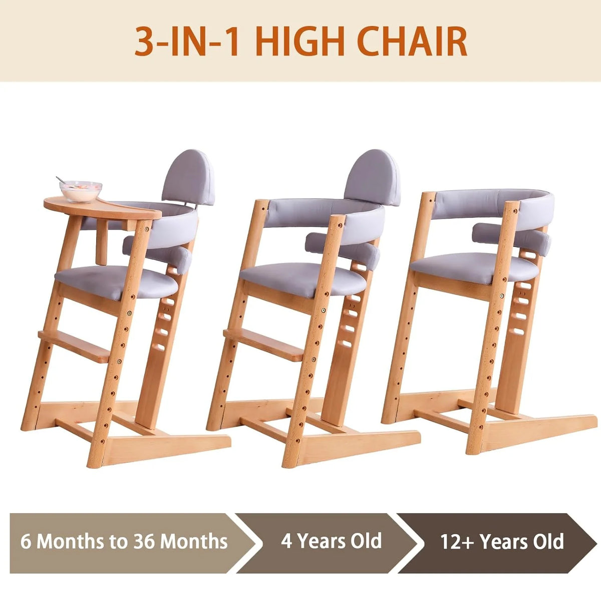 3-in-1 Wooden High Chair with Removable Tray B543978