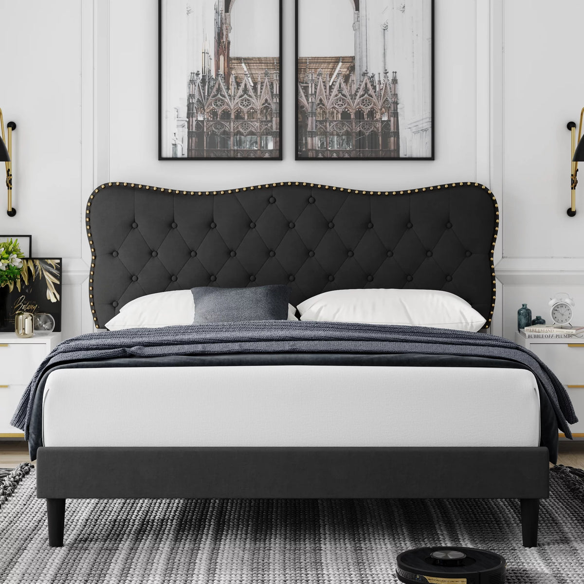Black Queen Size Linen Upholstered Platform Bed with Tufted Headboard Y167716