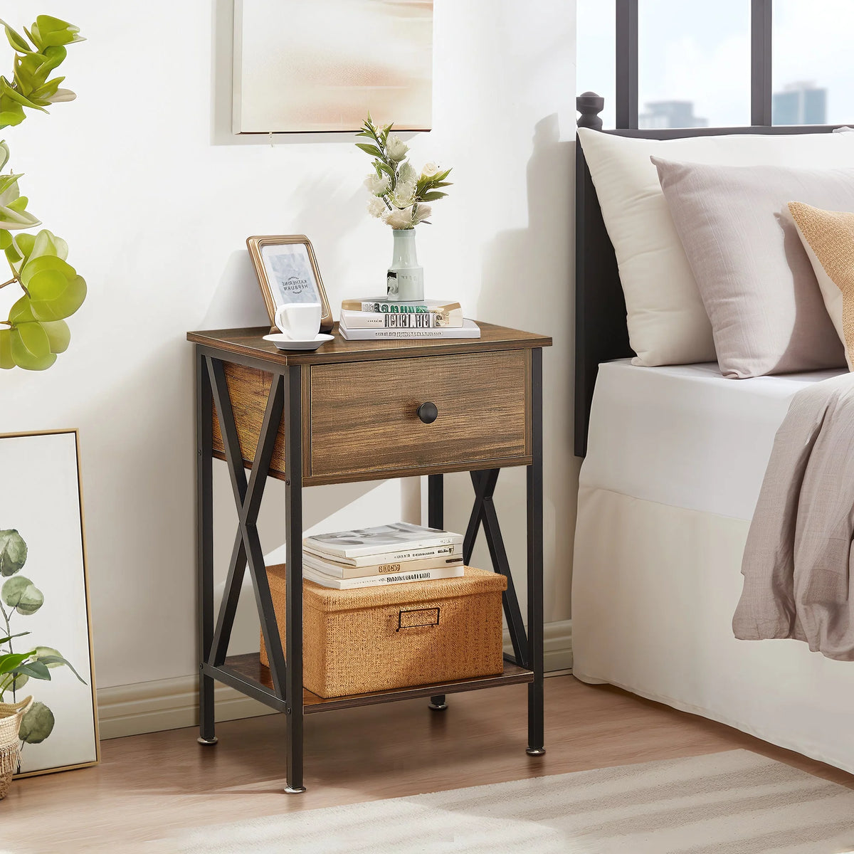 Brown Nightstand with Drawer and Storage Shelf R2464