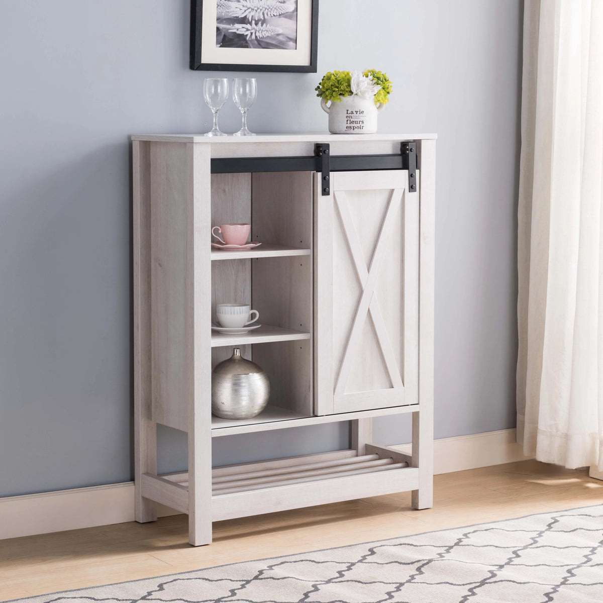White Oak Sliding Barn Door Wine Cabinet with Drawer N240