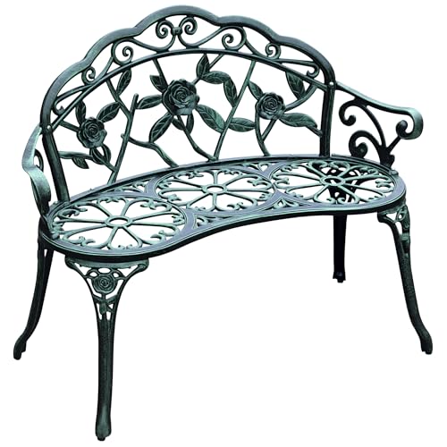 Green Cast Aluminum Metal Bench with Floral Rose Accent B1741