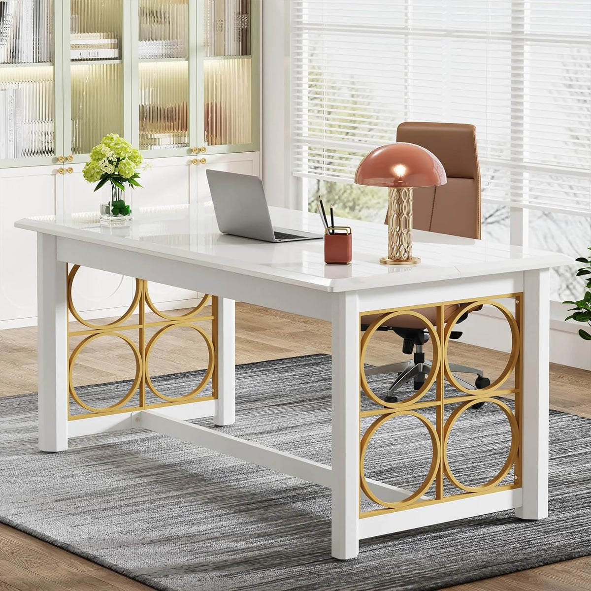 63 Inch Modern Office Desk with Gold Metal Legs X404578