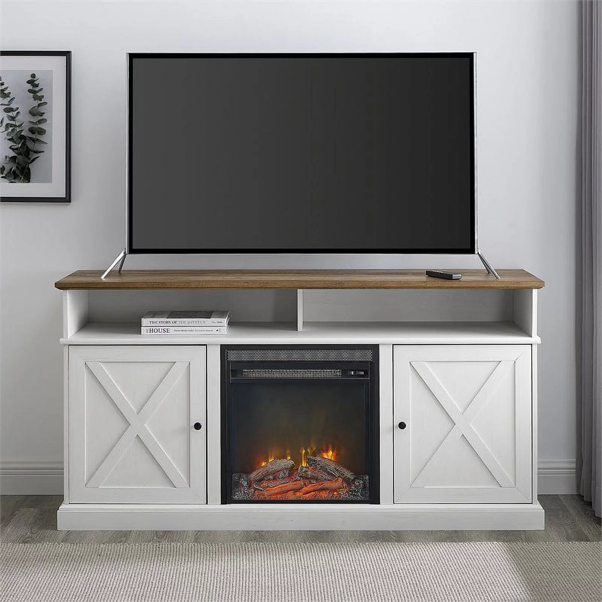 60" Tall Highboy Fireplace TV Stand in Rustic Oak/Brushed White R73579