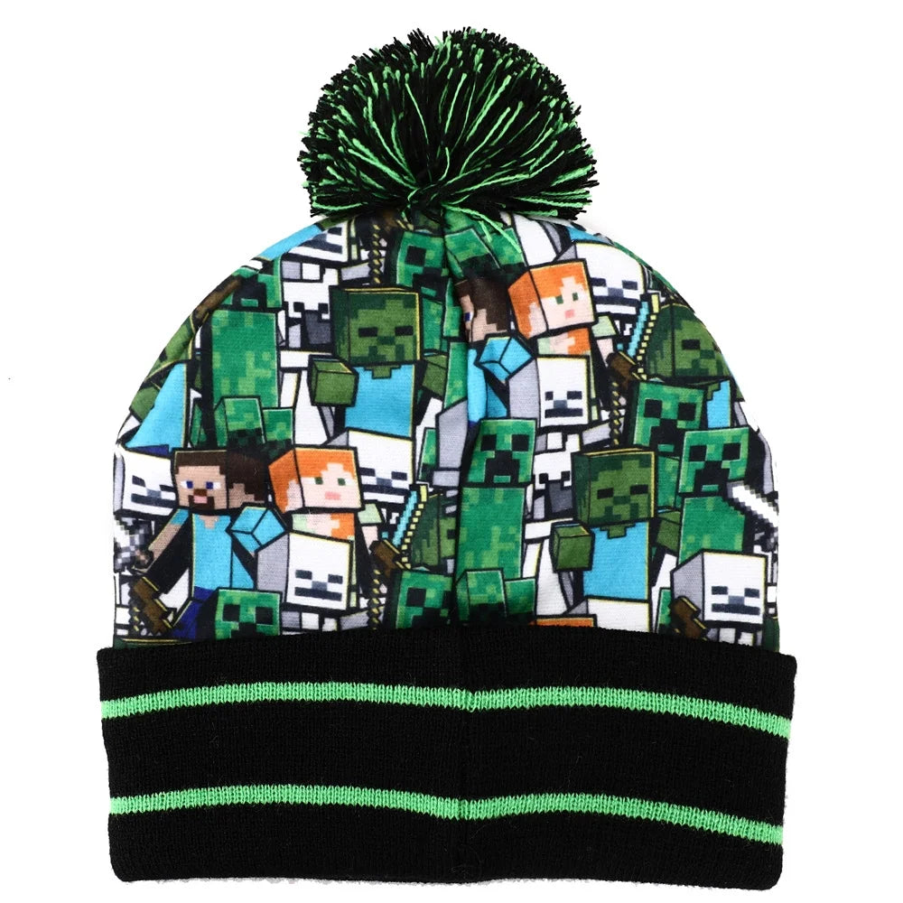 Kids Minecraft Fleece Knit Cuff Hat and Ski Gloves Set D9891