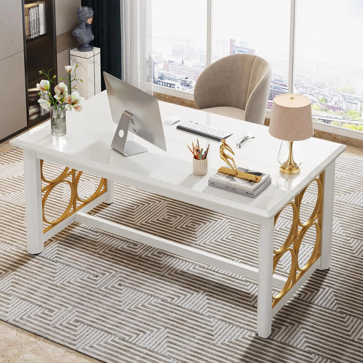 63 Inch Modern Office Desk with Gold Metal Legs X404578